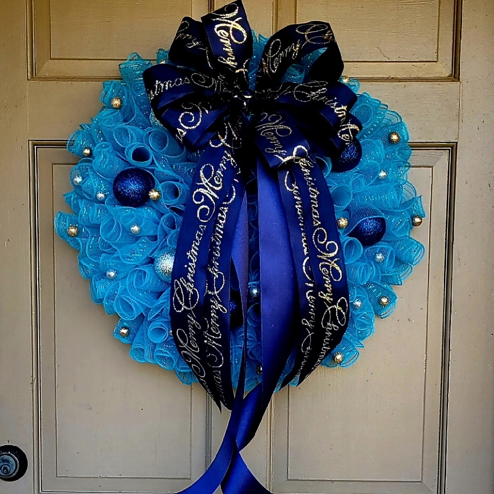 New Handmade Blue Christmas Wreath with Ribbon Accents
